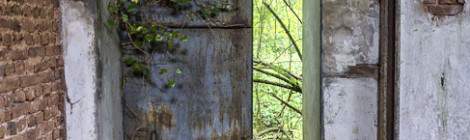 ...Vue intérieur extérieur en TTHDR de la porte des écuries donnant sur la forêt....
