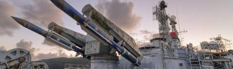 ...Missiles anti aérien Masurca sur la double rampe de lancement, les missiles sont chargés automatiquement depuis les trappes qui s’ouvrent à l’arrière....