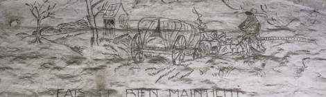 ...Dessin repr&eacute;sentant une charrette tir&eacute;e par deux chevaux accompagn&eacute; d&rsquo;un cavalier sur son cheval sur un chemin de campagne. Un slogan est pr&eacute;sent en dessous : &laquo; Fais le bien , maintient le droit &raquo;...