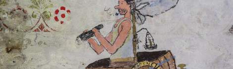 ...Dessin d’une embarcation de fortune avec un marin avec pipe et jumelle....