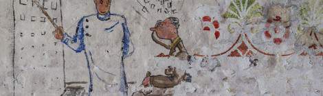 ...Dessin d’un patient et d’un ophtalmologue pendant l’exercice de lecture du tableau....