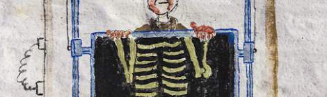 ...Dessin d’un portique de radiographie aux rayons X avec un soldat se faisant faire une radio de son corps....