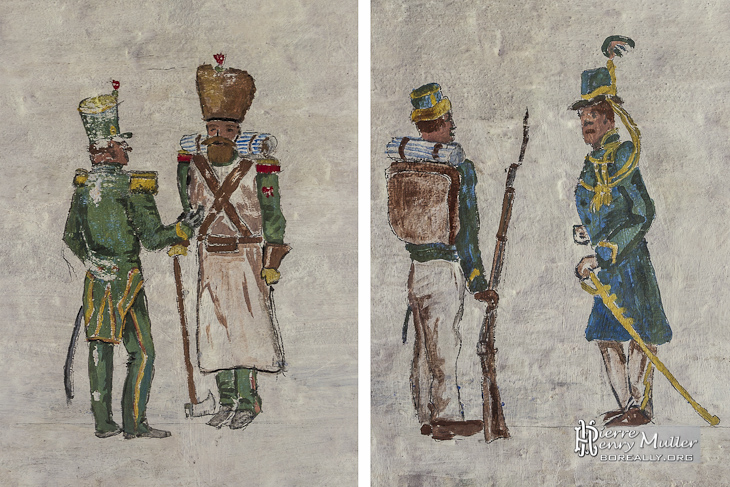 Diptyque de dessins de soldats belges en conversation au Fort de la Chartreuse