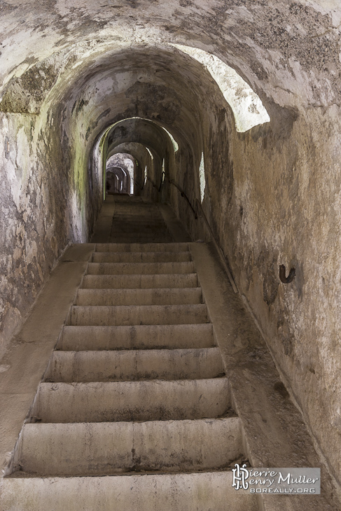 Escalier creusé dans la roche éclairé par des ouvertures vers l'extérieur