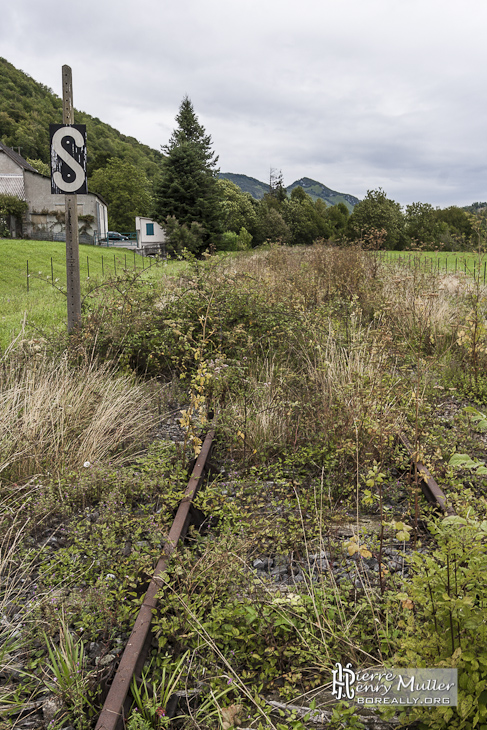 Ligne ferroviaire abandonnée Pau-Canfranc avec signalisation et végétation