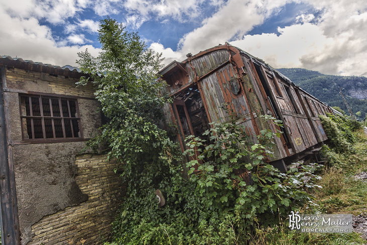 Wagon marchandise abandonné et végétation en HDR à la gare Canfranc