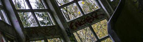 ...La structure arrondie de cette cage d&rsquo;escalier tranche avec les motifs carr&eacute;s des fen&ecirc;tres....