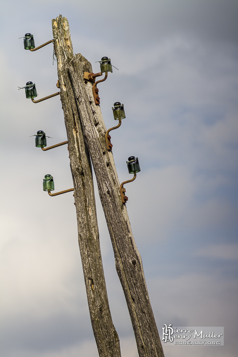 Poteau électrique en bois avec isolateurs en verre