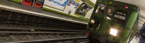 ...Métro historique Sprague Thomson à la station Chatelet Pont au Change à Paris....