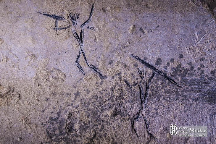 Dessin préhistorique de chasseurs sur les murs de la carrière