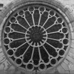 Rosace depuis l'extérieur de l'Eglise Saint Eustache en noir et blanc