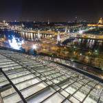 Verrière du Grand-Palais éclairée, pont Alexandre III et les Invalides de nuit